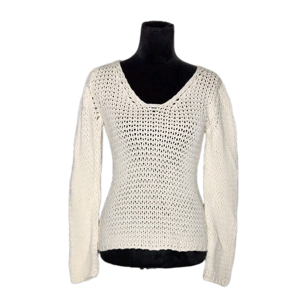 Les Copains Vintage Cream Cashmere Open Knit V-neck Sweater Women's Size 42